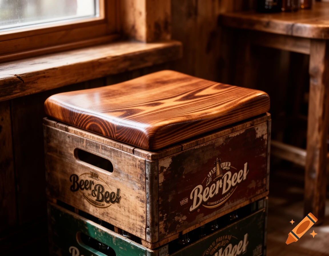 A wooden seat cushion rests on two stacked vintage beer crates, one brown with "Beer & Beer!" and "BeerBeel" text, the other green, in a rustic indoor setting.