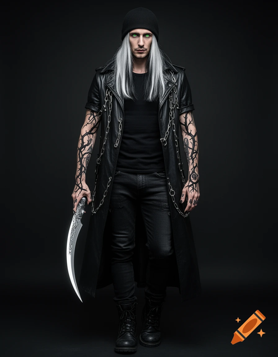 A full-body shot of a man with long silver hair and green eyes, wearing a black beanie, leather trench coat with chains, jeans, and boots, holding a curved silver blade.