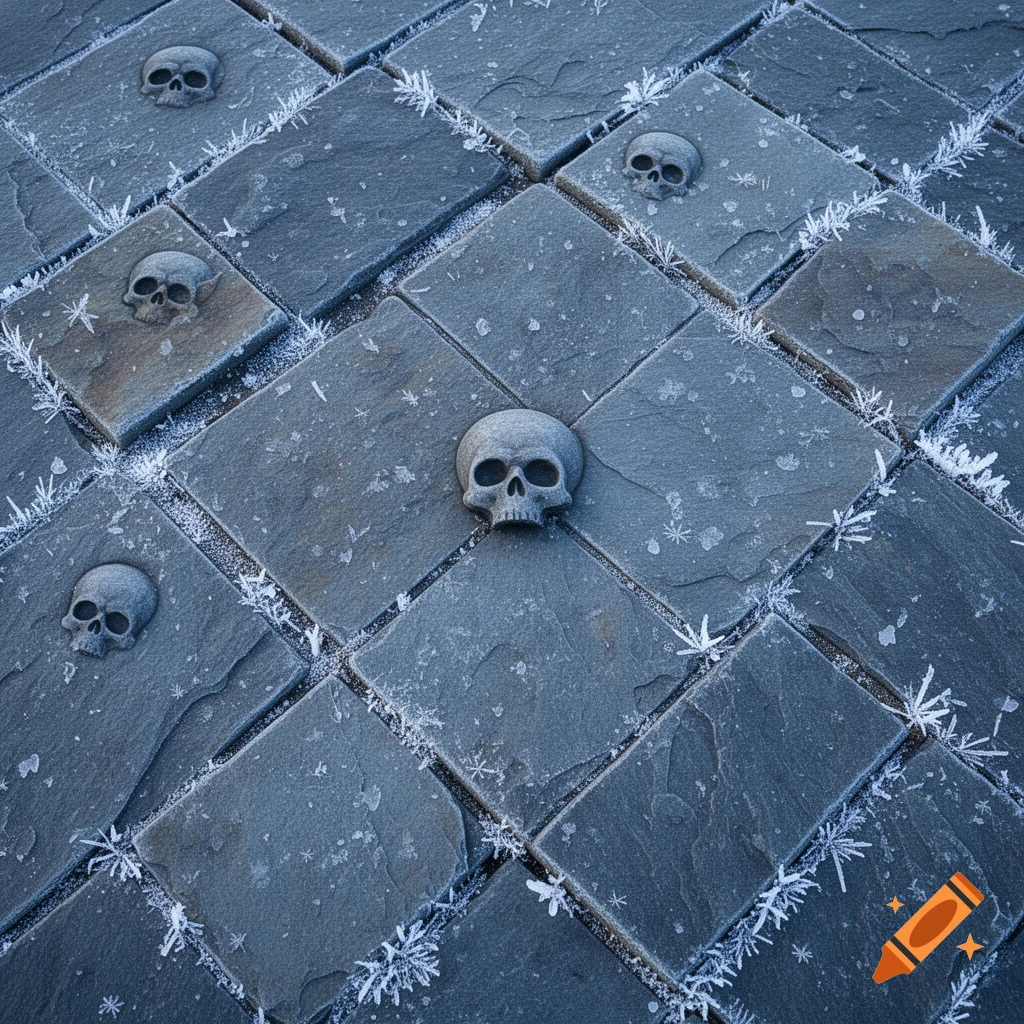 Overhead view of dark stone tiles with grey skull symbols and white frost along the edges.