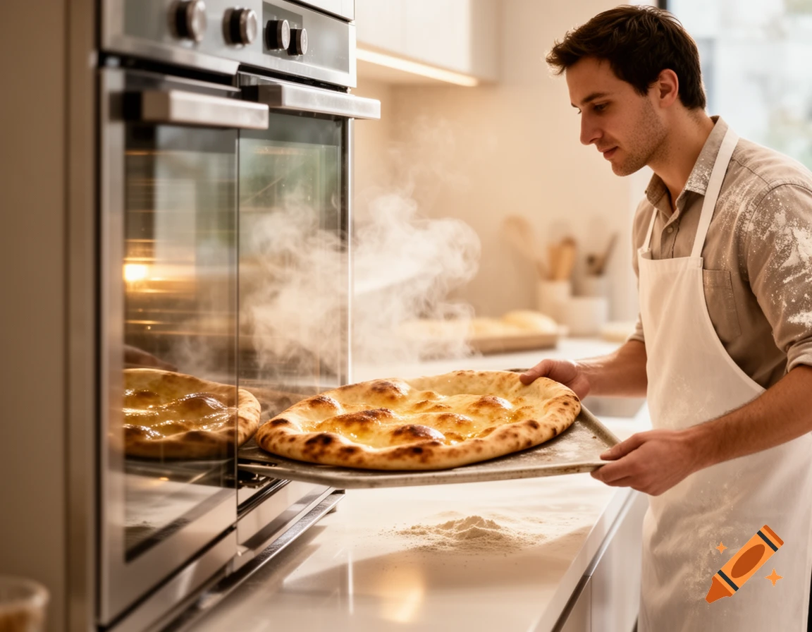 A male baker in a modern kitchen taking a steaming hot, freshly baked flatbread out of a stainless steel oven.