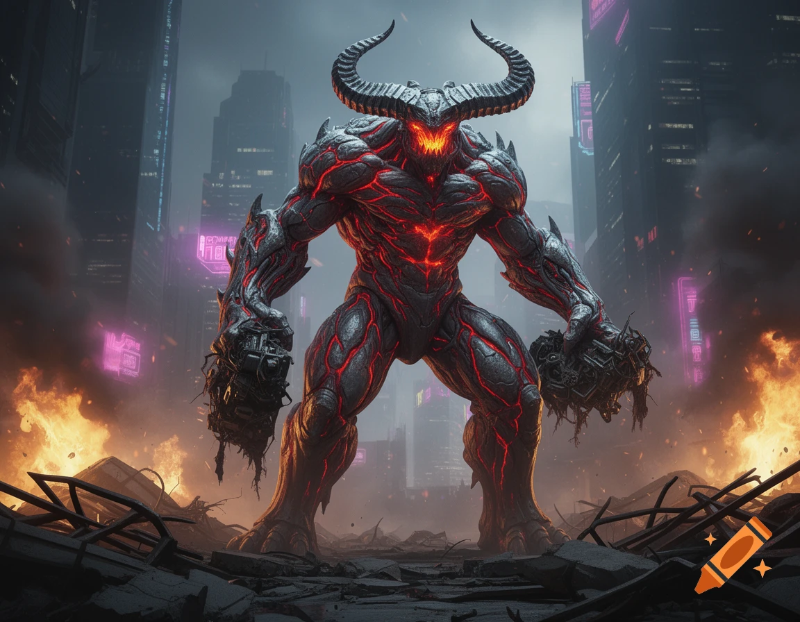 A powerful red and grey demon with horns stands in a burning, ruined cyberpunk city, holding twisted metallic objects.