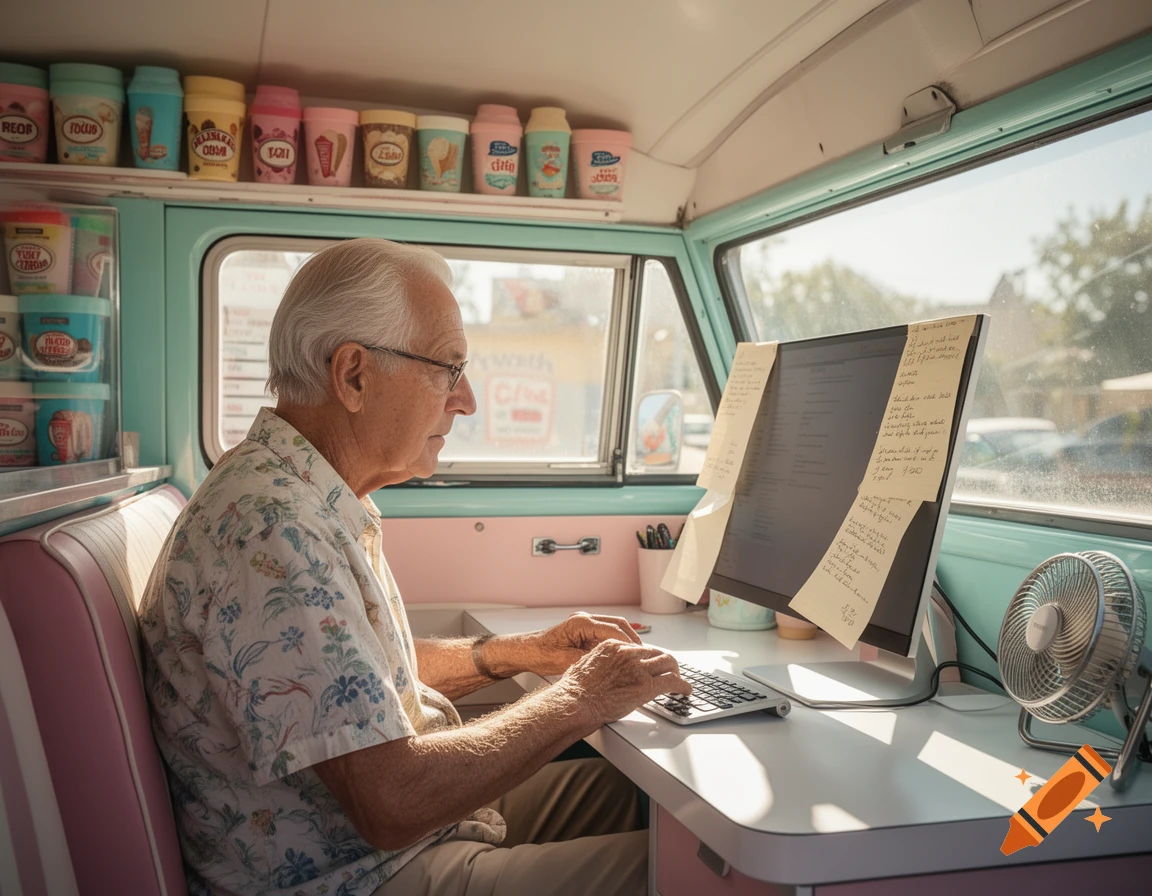 An elderly man with white hair and glasses works on a computer inside a retro ice cream truck, typing on a keyboard at a desk.