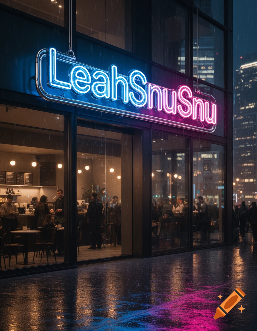 A photorealistic image of a neon sign that reads "LeahSnuSnu" above a bustling cafe, reflecting on a wet city street at night.