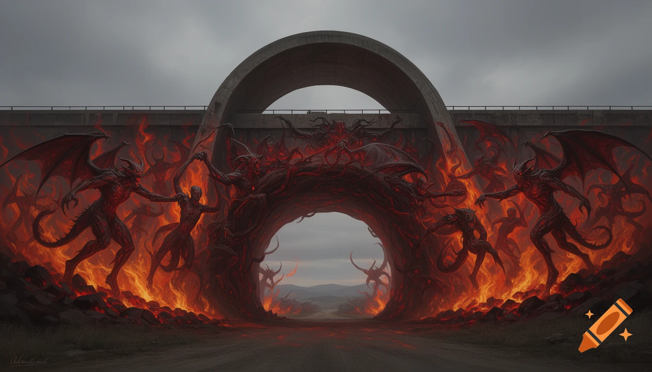 Red-skinned demons with wings and horns emerge from a fiery, organic archway under a concrete bridge in a dark fantasy illustration.