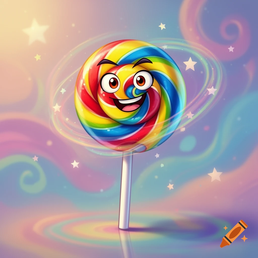 A colorful, rainbow-swirl cartoon lollipop with a happy face, surrounded by shimmering effects and stars, on a pastel background.