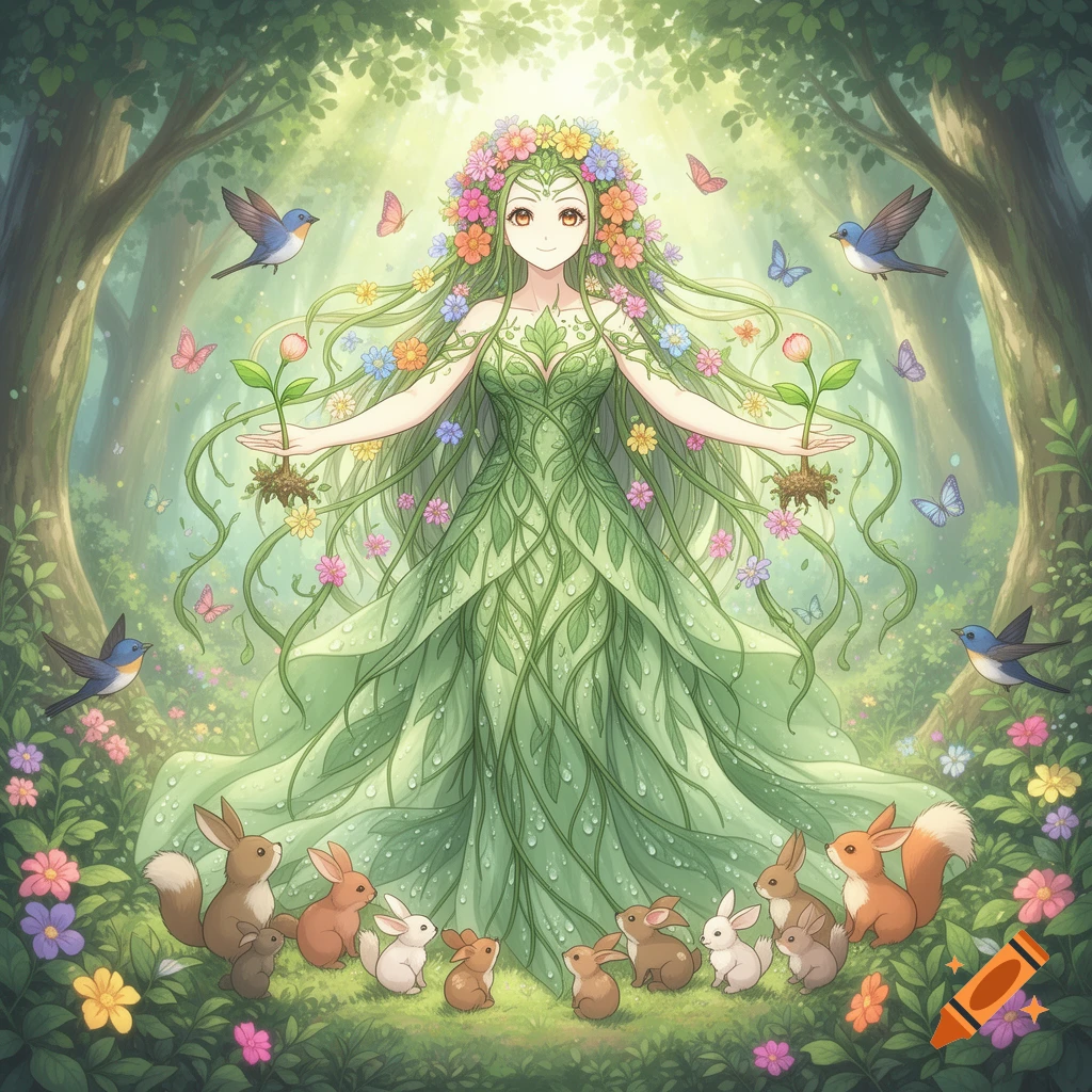 Anime-style earth goddess in a leafy gown, with flowers in her hair, surrounded by rabbits, birds, and butterflies in a sunlit forest.
