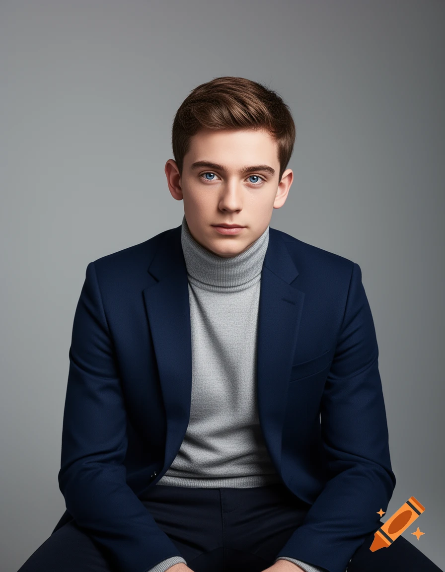 A young man with brown hair and blue eyes wearing a grey turtleneck and navy suit jacket, looking at the camera against a grey background. Photorealistic.