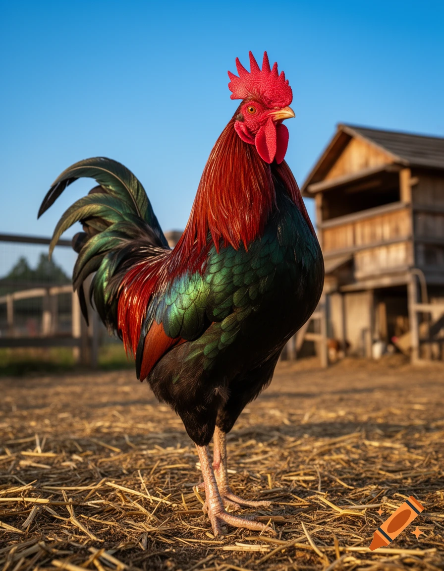 A majestic rooster with vibrant red, green, and black feathers stands on straw-covered ground with a farm building and blue sky in the background.
