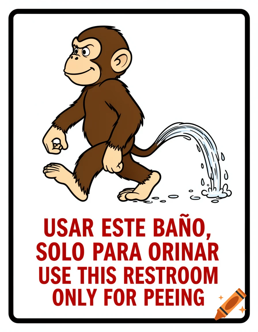 A humorous cartoon restroom sign depicting a brown monkey urinating, with text: 'USE THIS RESTROOM ONLY FOR PEEING'.