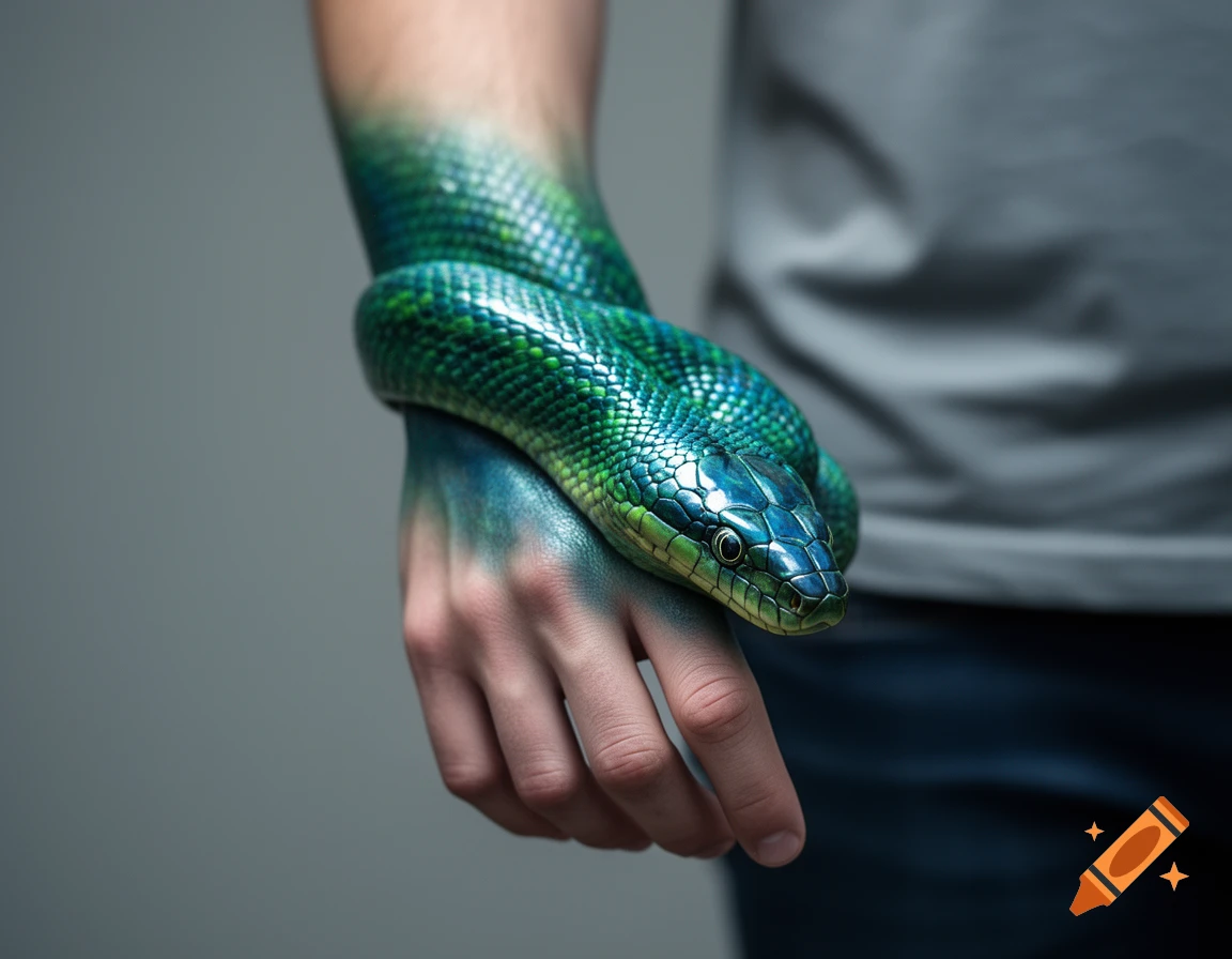 A vibrant green and blue snake wrapped around a person's arm and hand, its scales subtly blending into the skin.