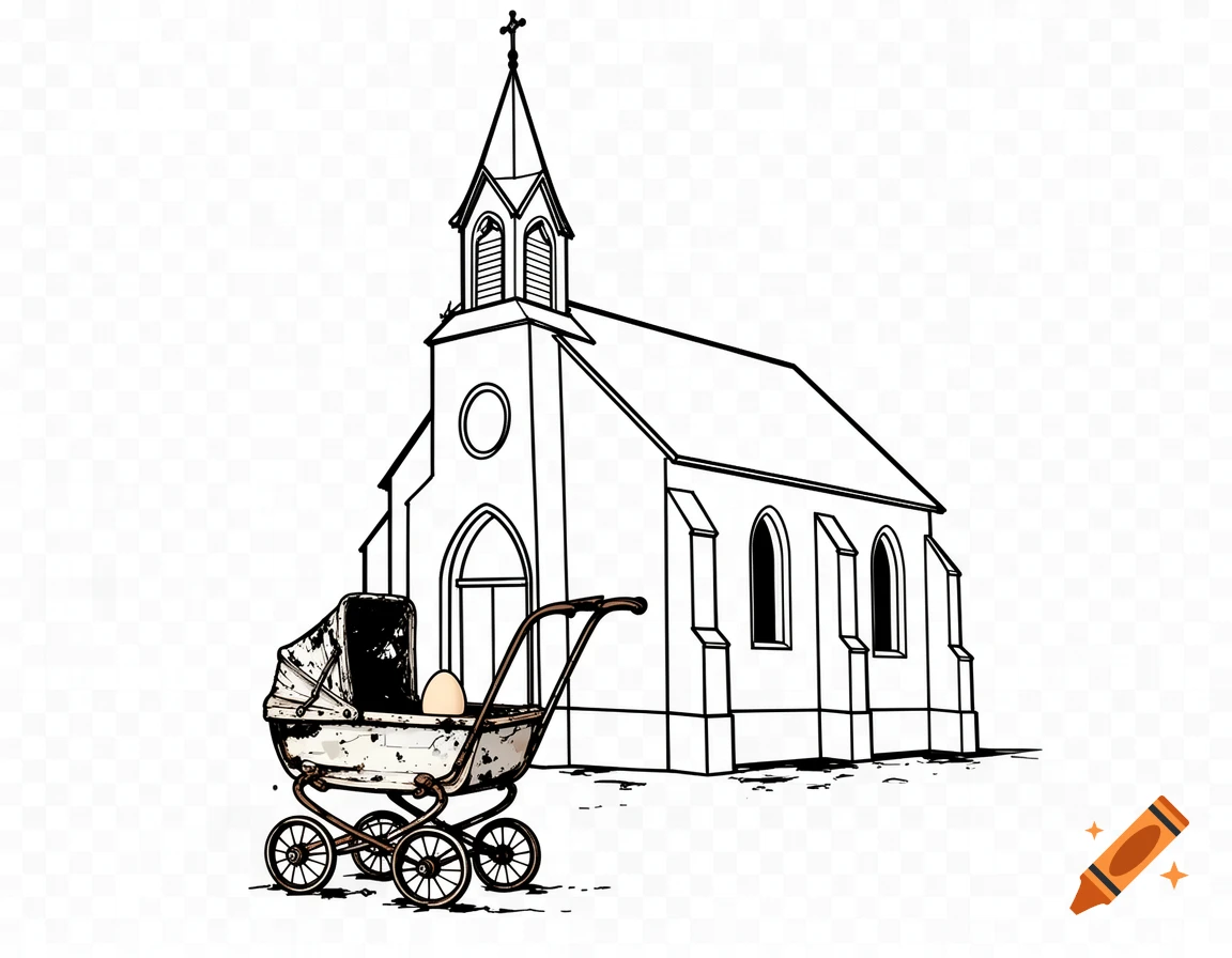 A line drawing of a church with an old, dirty pram in front, containing a single egg.