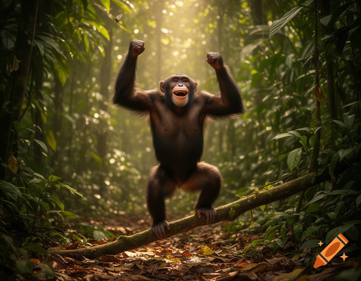 A photorealistic chimpanzee joyfully raises its fists in a celebratory pose, standing on a mossy log in a sun-dappled, lush jungle.