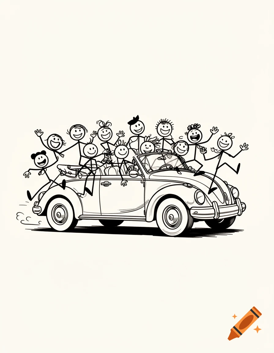 A dozen happy stick figures wave from and around a comic convertible car in a black and white line art style.