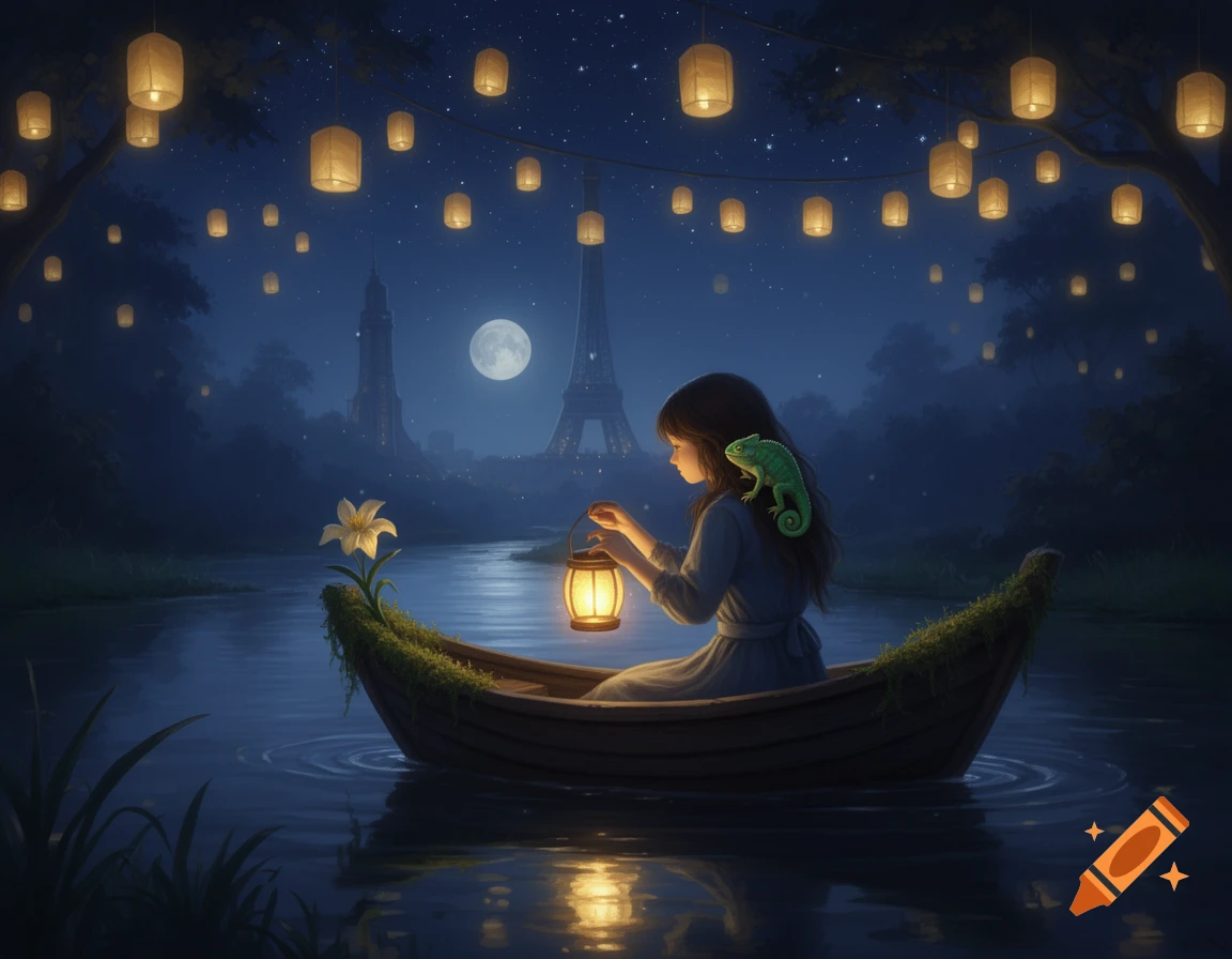 Dreamy illustration of a girl in a boat holding a lantern on a starlit night, with a chameleon, lily, and distant tower.