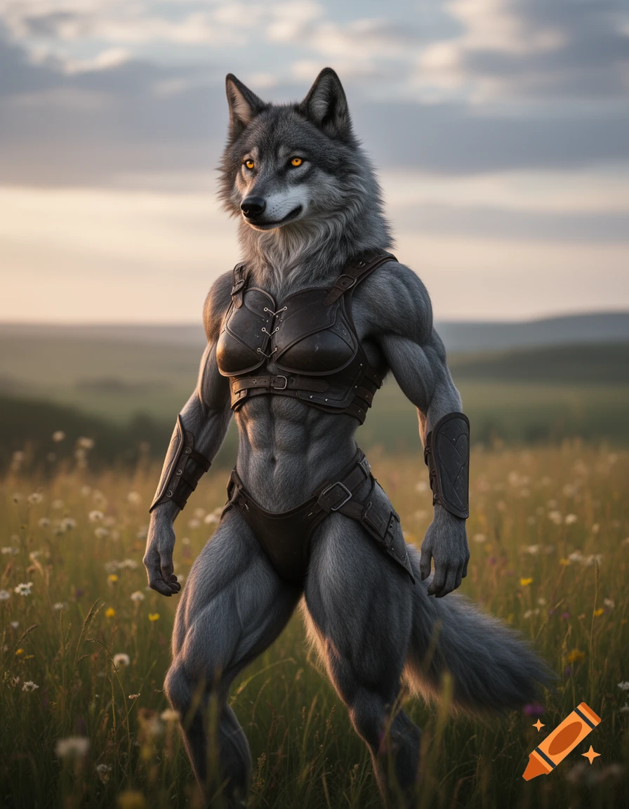 Muscular anthropomorphic gray wolf woman in dark leather armor stands in a sunlit grassy field.