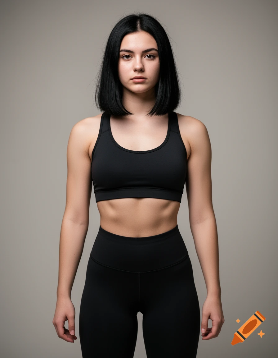 A young woman with a dark bob haircut, wearing a black sports bra and leggings, stands against a light grey background.