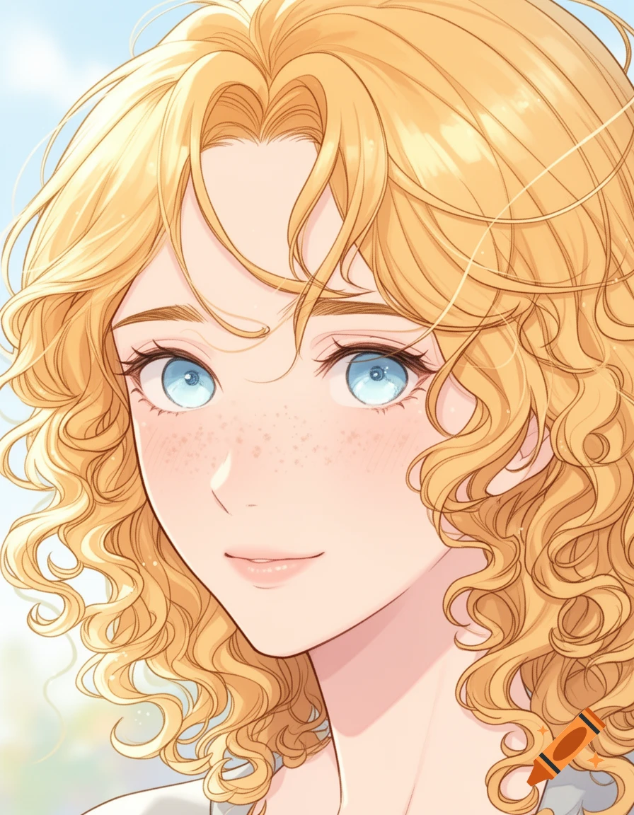 A close-up manga-style portrait of a smiling young woman with curly blonde hair, light blue eyes, and freckles.