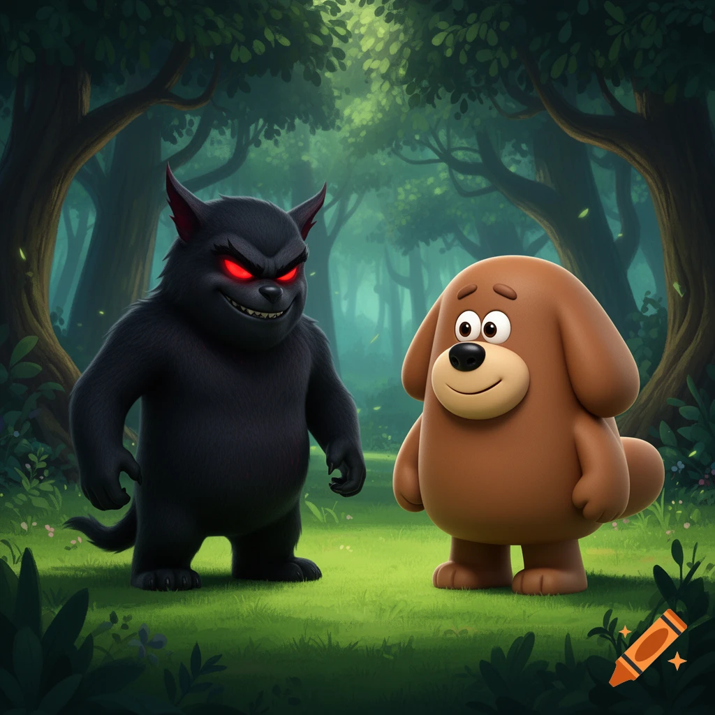 A menacing black creature with red eyes stands next to a happy brown cartoon dog in a lush green forest.
