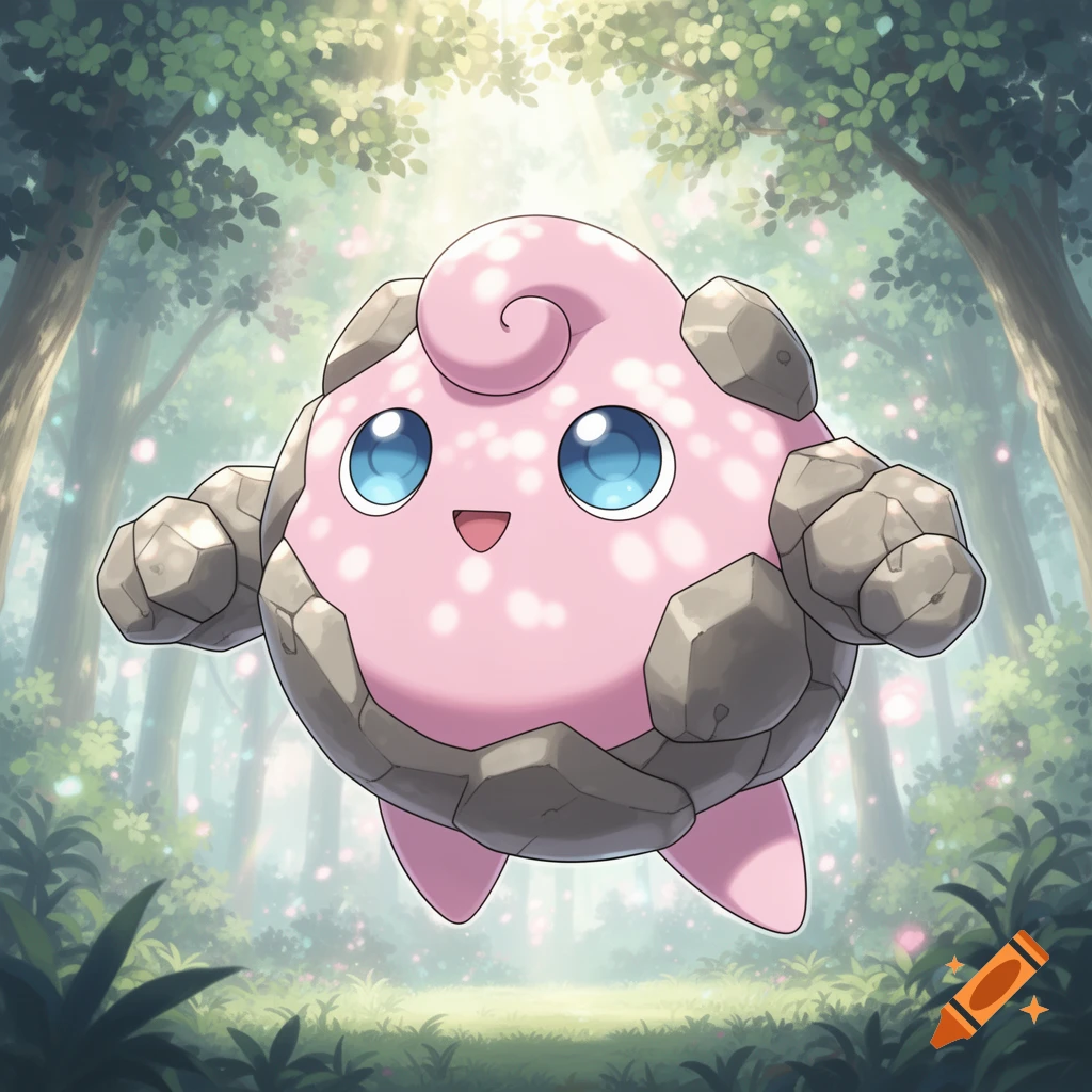 A cute, pink, rock-armored creature with big blue eyes, resembling a Jigglypuff and Geodude fusion, floats in a sunny forest.