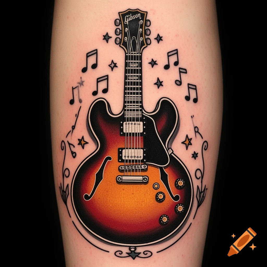 An old school tattoo of a red and orange Gibson ES-335 electric guitar on a person's skin, surrounded by musical notes and stars.