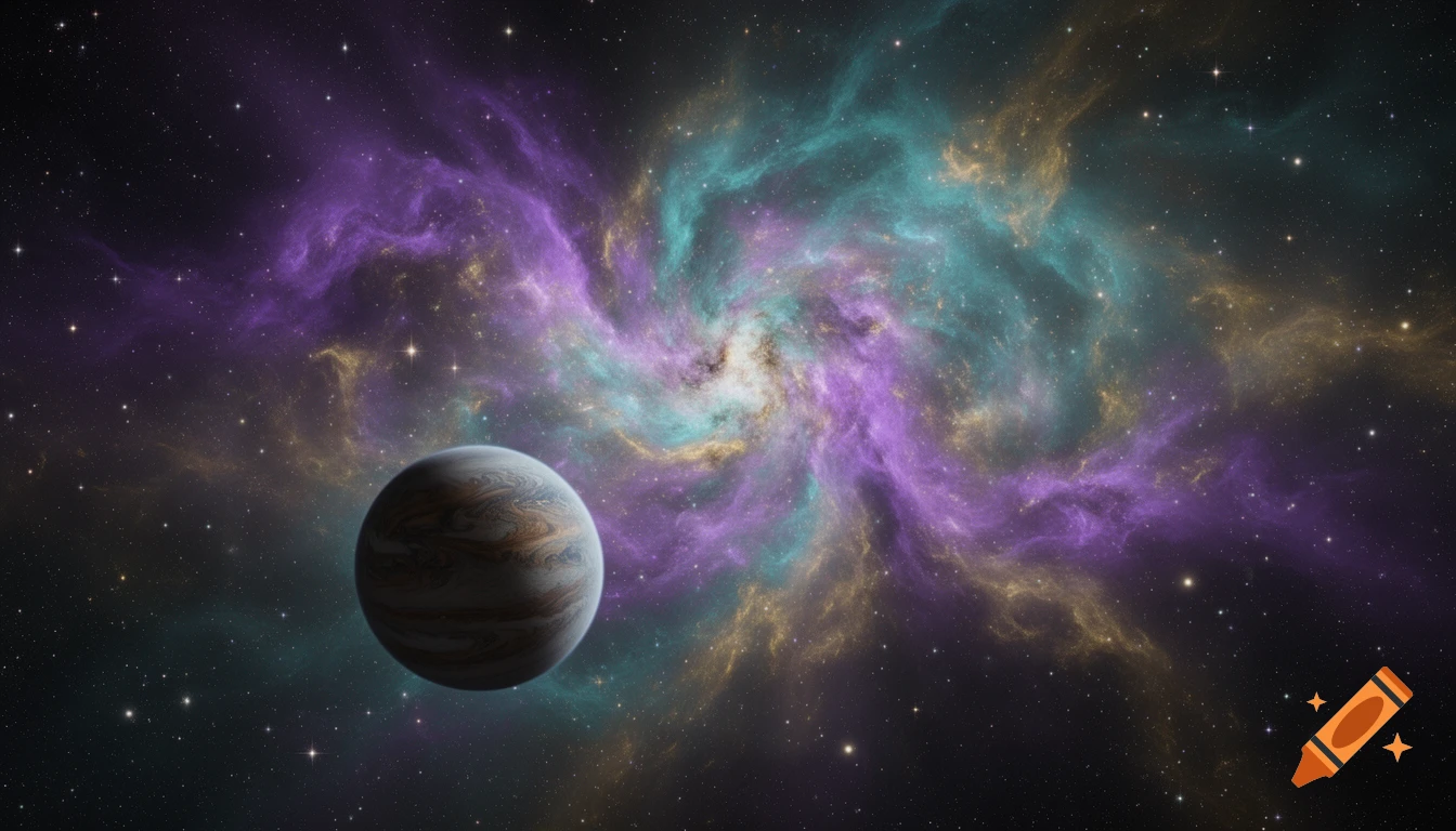 A striped planet floats in deep space before a vibrant, swirling nebula of purple, teal, and gold with scattered stars.