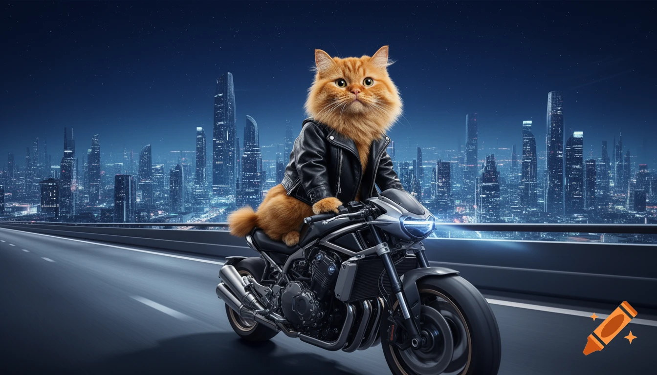A fluffy ginger cat in a black leather biker jacket rides a modern motorcycle on a highway at night, with a futuristic city skyline in the background.