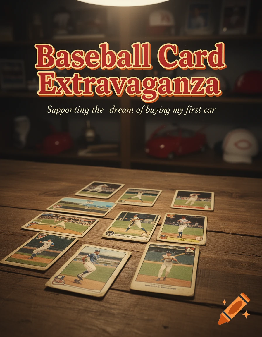 A poster for a baseball card extravaganze, showing various baseball cards on a wooden table, with text.