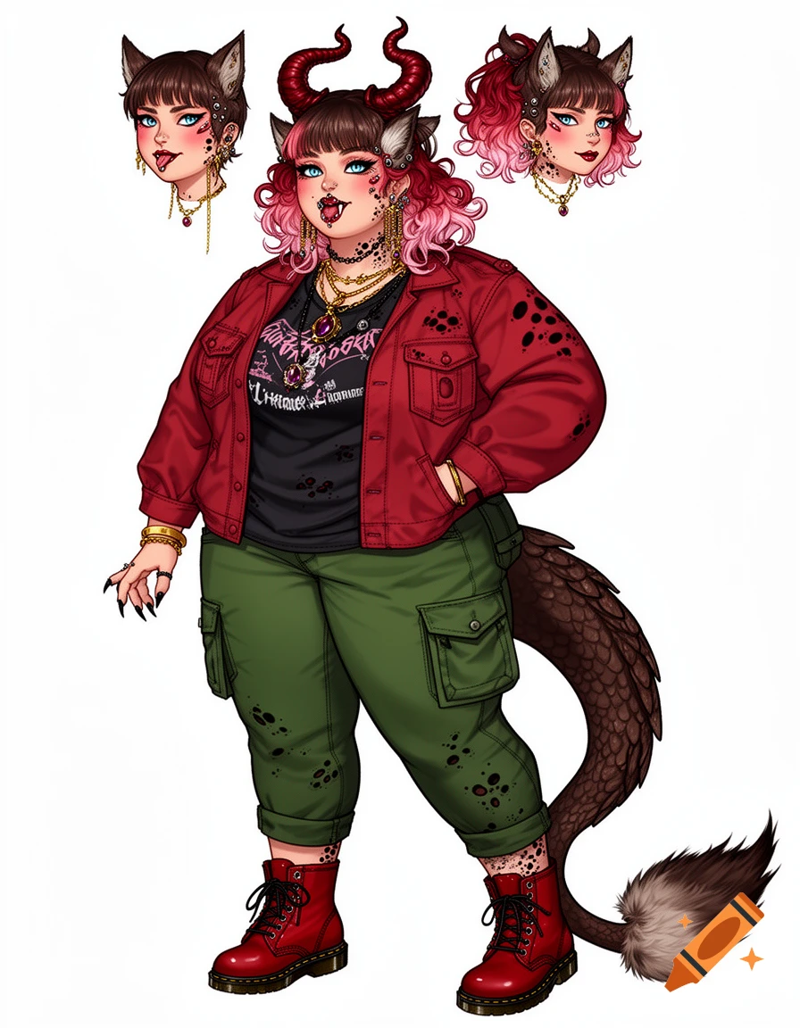 An anime-style character reference sheet of a plus-size woman with red horns, wolf ears, and a dragon tail, wearing a red jacket and cargo pants.