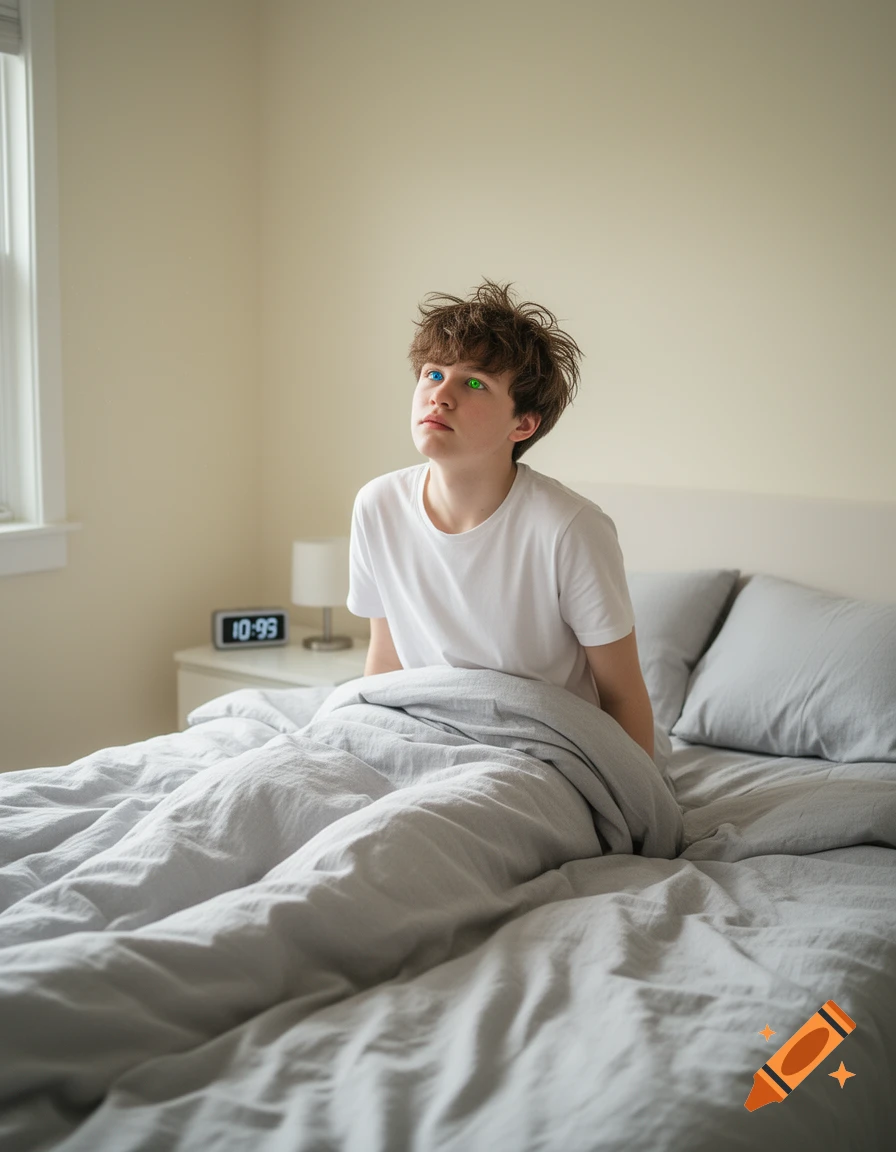 A boy with messy brown hair and blue and green eyes sits up in a bed with gray linens, looking up.