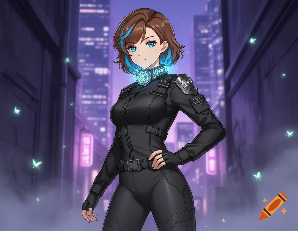 An anime character with brown hair and blue streaks, wearing a black futuristic jumpsuit and a glowing collar, stands in a neon-lit city alley with glowing butterflies.
