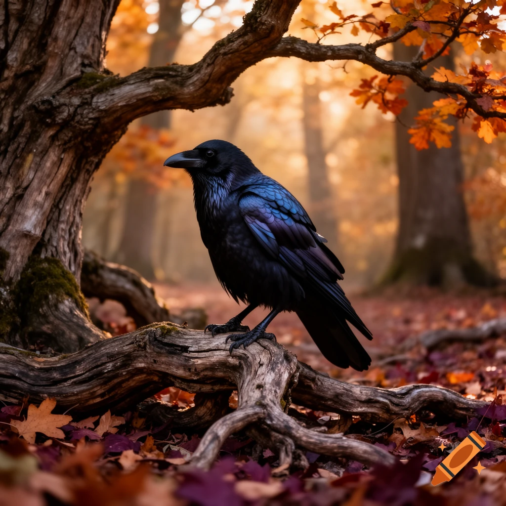 A black raven perches on a gnarled branch amidst fallen autumn leaves in a sunlit forest.