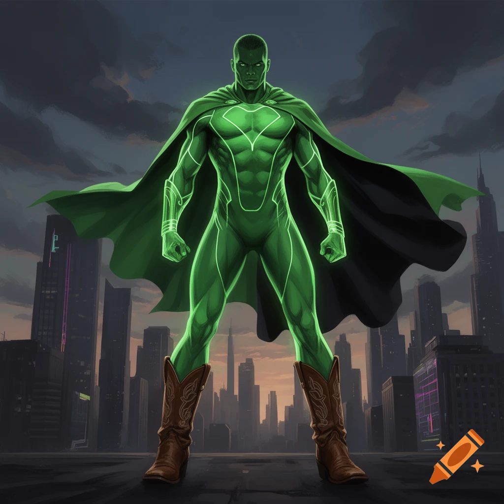 A glowing green superhero in a suit, green cape, and cowboy boots stands on a city rooftop at dusk.