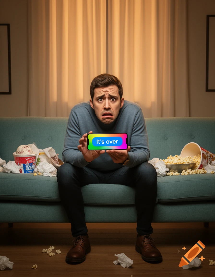 A dramatically upset man sits on a messy couch, holding a phone displaying 'It's over' in a living room.