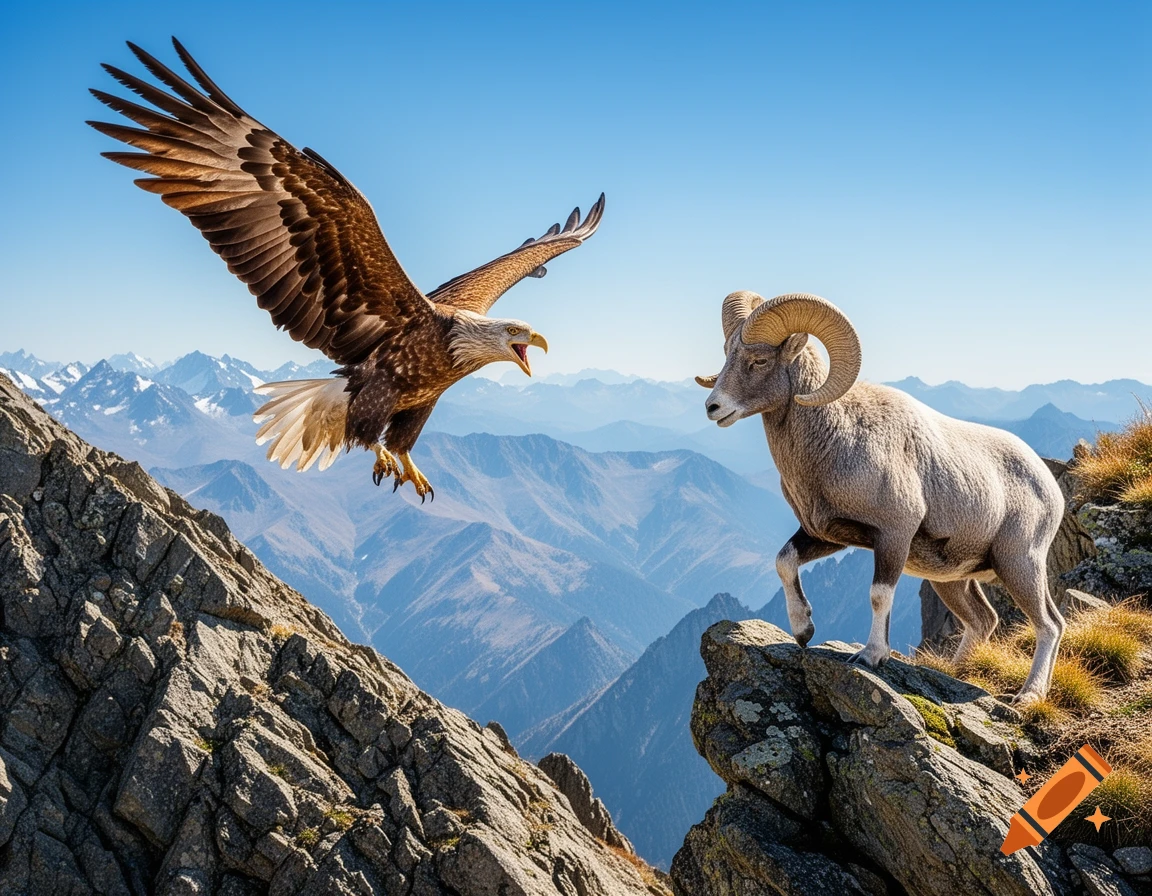 A bald eagle with outstretched wings flies towards a bighorn sheep standing on a rocky mountain peak, with vast mountain ranges in the background.