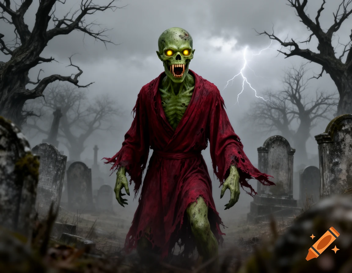 A green zombie-like creature with glowing yellow eyes and fangs in a tattered red robe stands in a foggy graveyard under lightning.