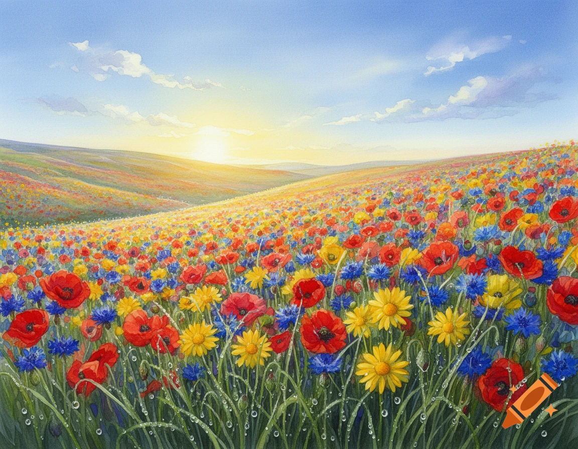 A vibrant watercolor painting of a sunlit field teeming with red poppies, blue cornflowers, and yellow daisies, with dew drops on the grass.