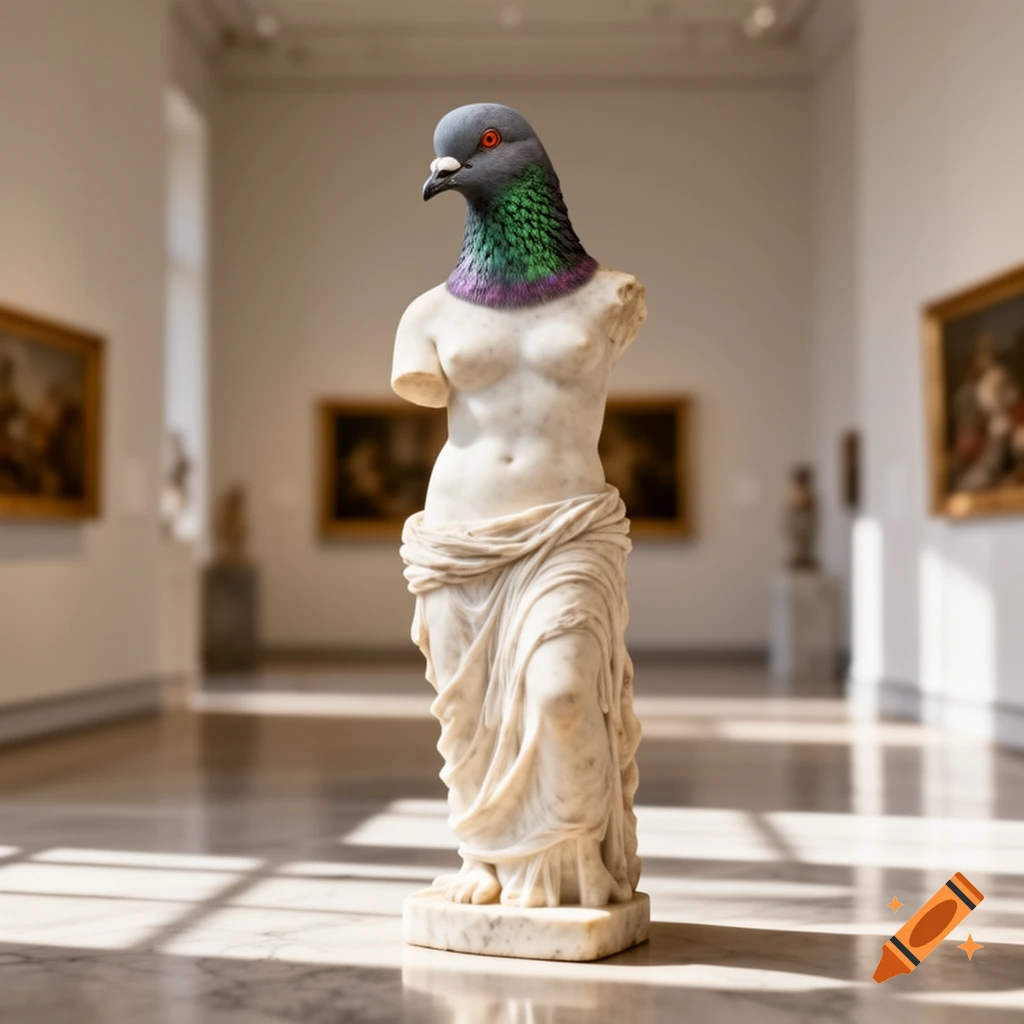 Photorealistic statue of Venus de Milo with a pigeon's head in an art museum gallery.