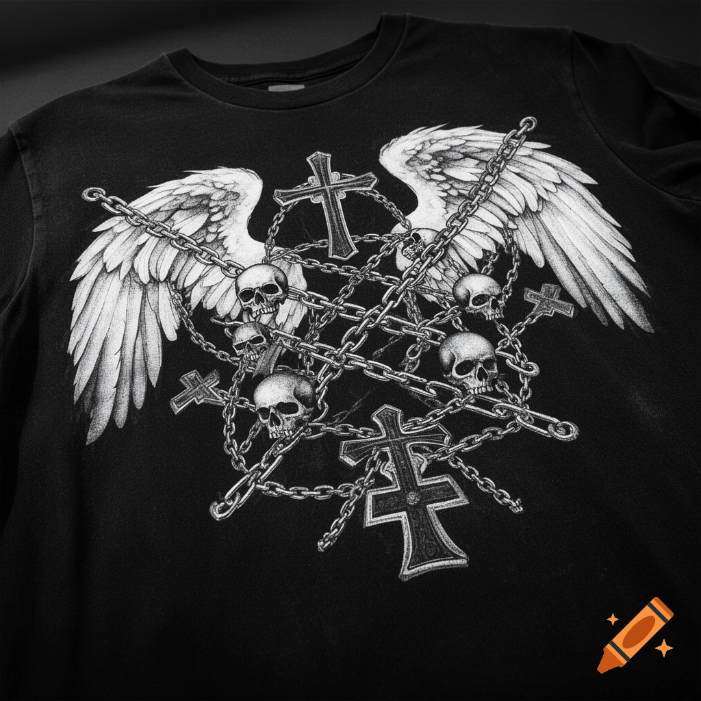 Black t-shirt featuring a detailed gothic design of white angel wings, skulls, crosses, and chains.