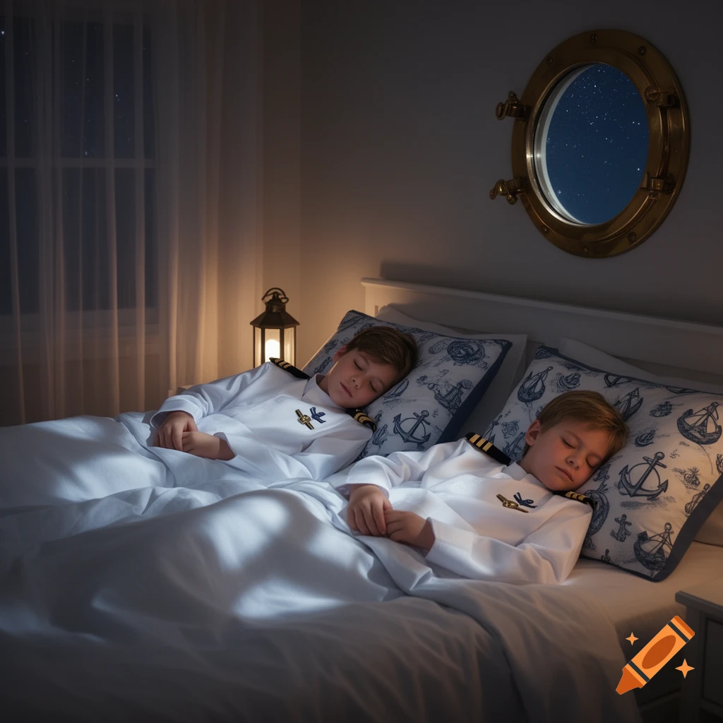 Two young boys in white 'first mate' uniforms sleep soundly in a bed with nautical pillows, beneath a starry porthole.