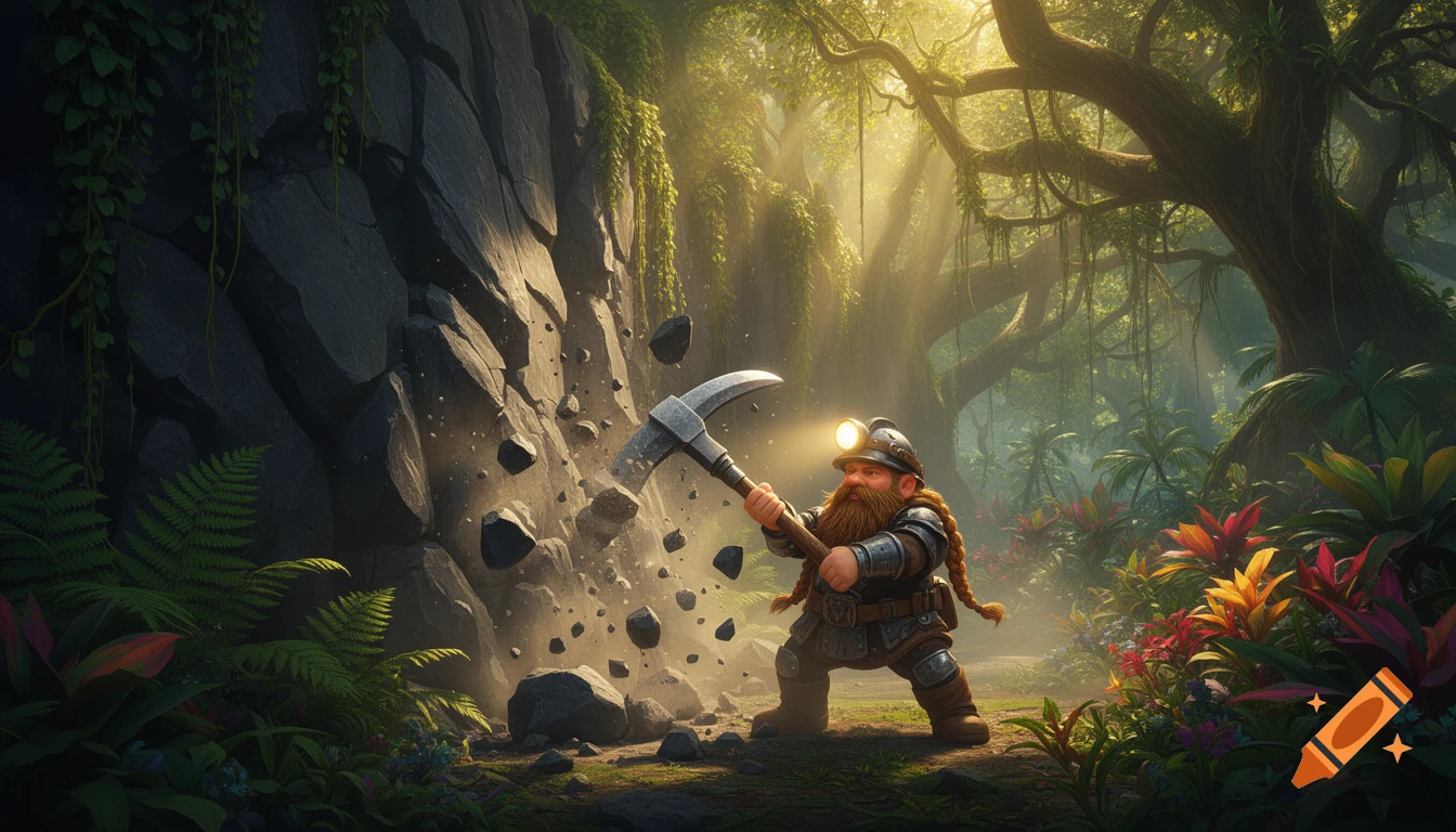 A sturdy dwarf in worn armor with a glowing headlamp mines shale rock with a pickaxe in a lush fantasy jungle under golden sunbeams.