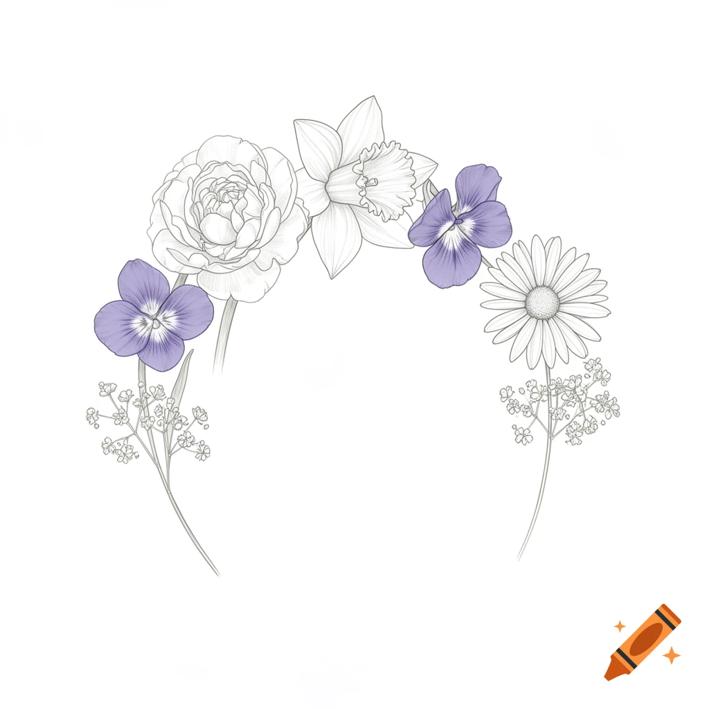 Simple line art illustration of a semi-circular floral bouquet featuring a peony, daffodil, violets, a daisy, and baby's breath, with purple accents.