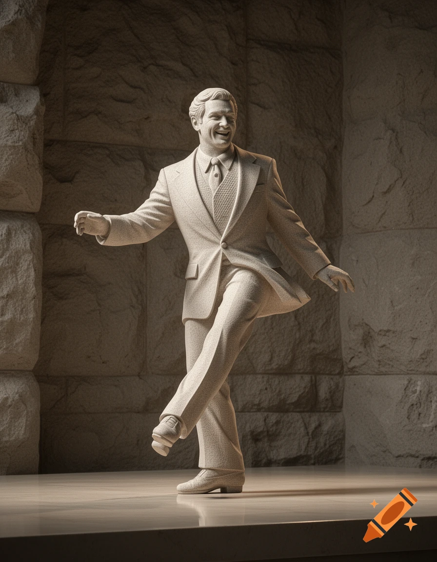 A photorealistic stone sculpture of a man in a suit performing a tap-dancing pose against a textured stone wall.