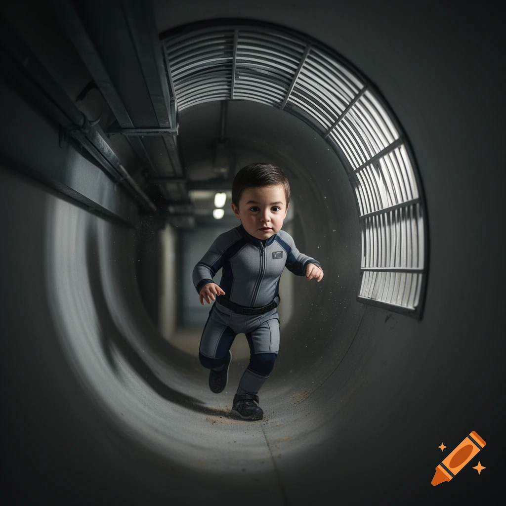 A small child in a grey and blue futuristic suit runs through a dark, curved tunnel with a grated vent.