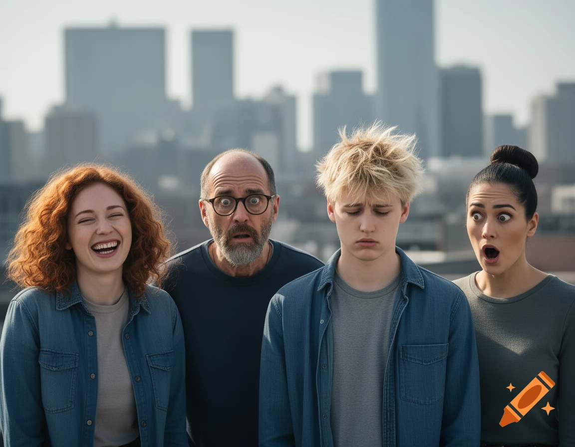 Four people expressing joy, fear, boredom, and surprise, standing on a rooftop with a city skyline.