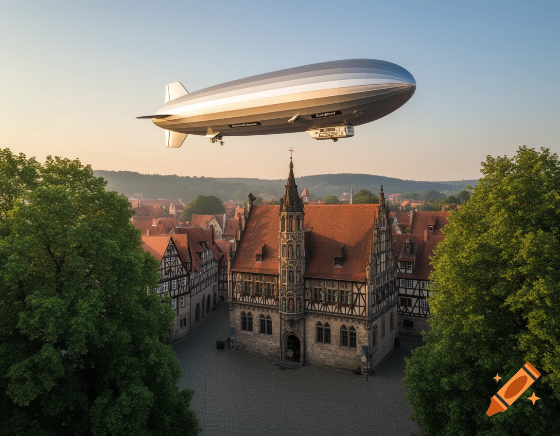 A large silver blimp, labeled "Graf Zeppelin", flies over a historic European town hall and half-timbered houses at sunrise.