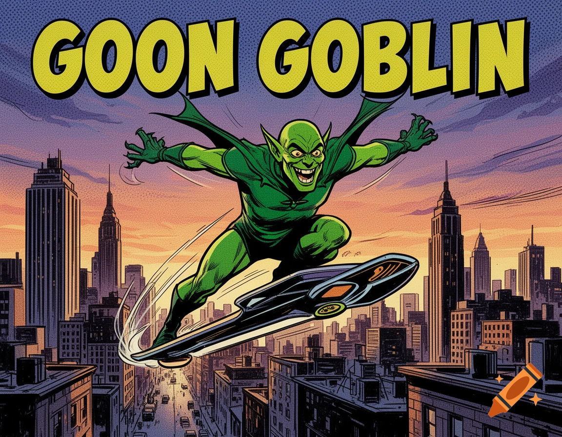 Comic book illustration of a green goblin flying on a hoverboard over a city skyline at sunset.