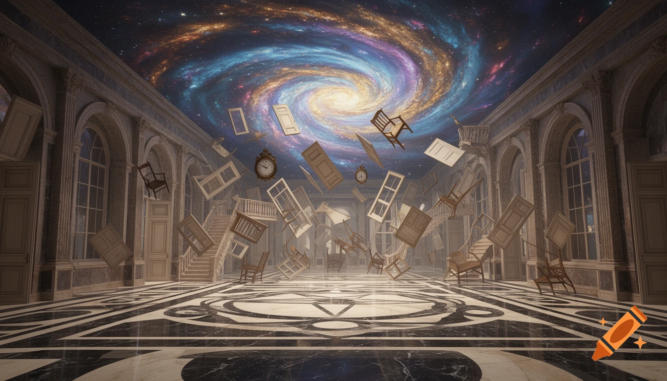 A surreal architectural hall with floating doors, chairs, and clocks, beneath a swirling cosmic galaxy, on a marble floor.