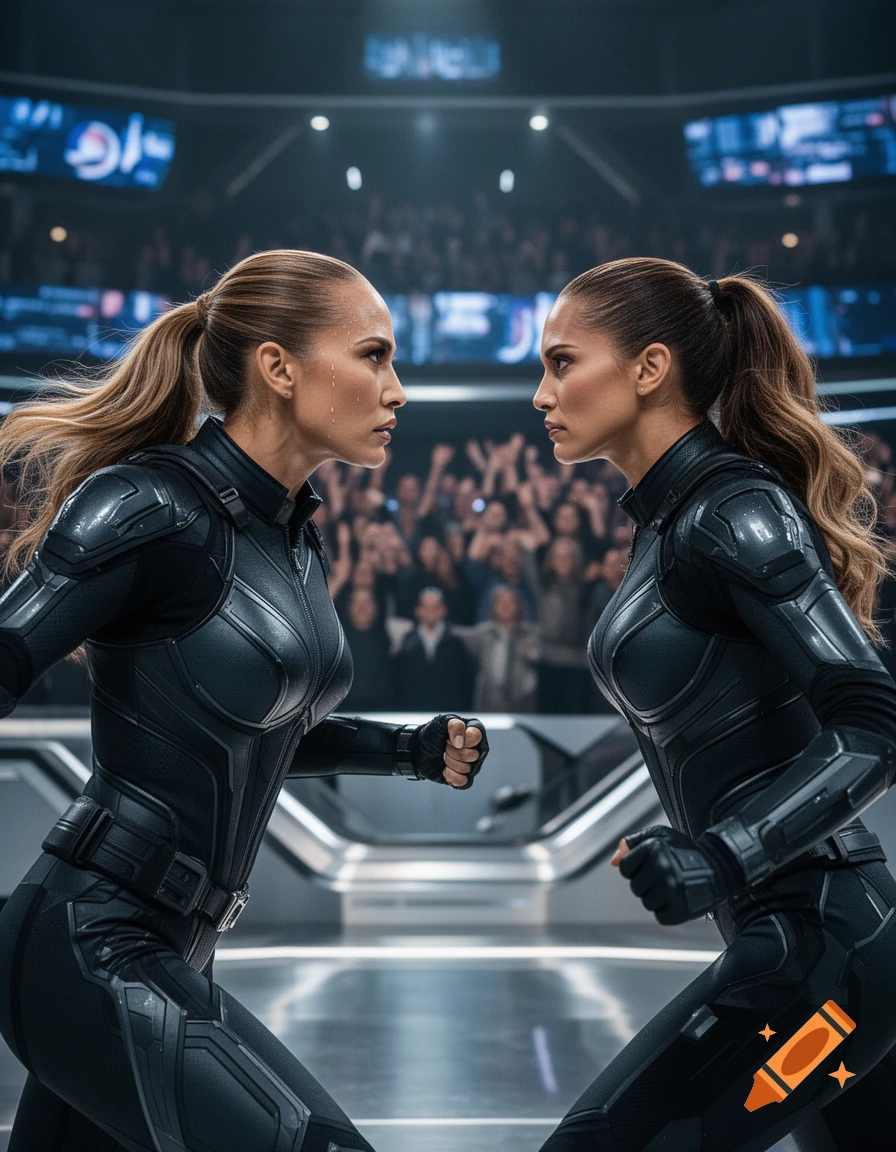 Two women in black futuristic combat suits face each other, fists clenched, in a dimly lit arena with a crowd.