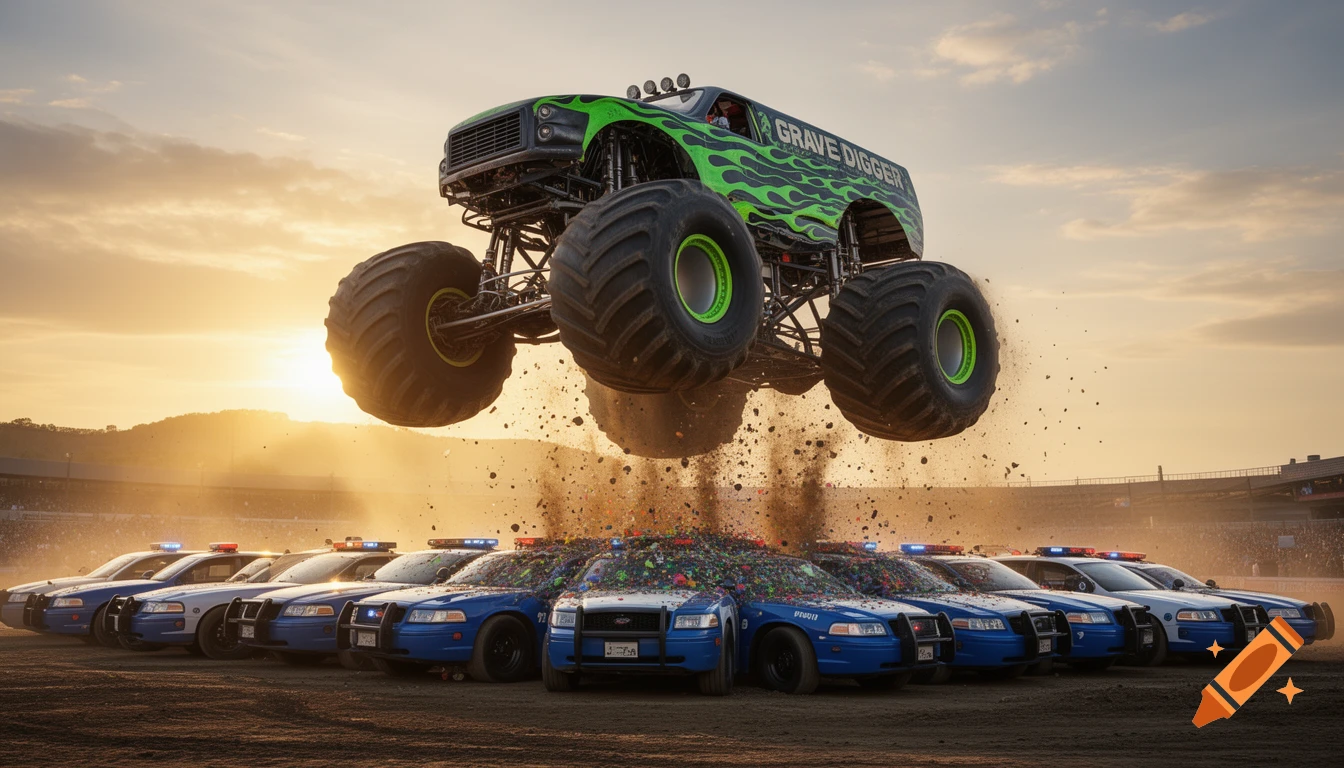 The Grave Digger monster truck jumps high over a line of blue and white police cars, showering them with colorful debris at sunset.