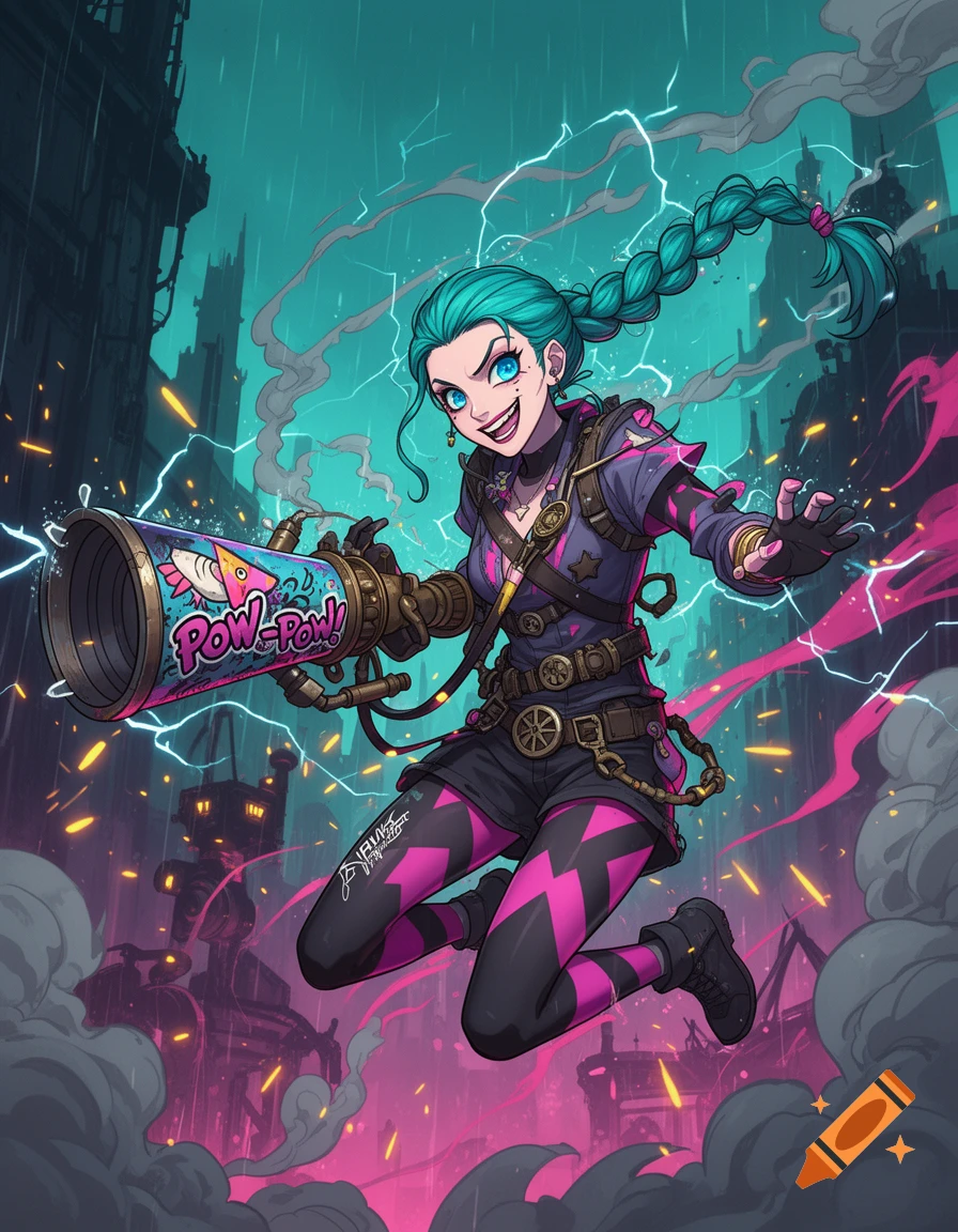 Jinx from Arcane, with blue braids and a manic grin, leaps through a stylized city holding her 'Pow-Pow' weapon in a vibrant anime style.